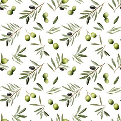 Pattern of olives and leaves on a white background. Watercolor botanical illustration. Nature. Green colors. Design for packaging, fabric, wallpapers, posters. Seamless floral pattern