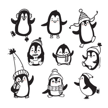 set of penguin isolated on white. Doodle illustration for kids or babies t-shirt design, room decoration, Christmas cards. Vector
