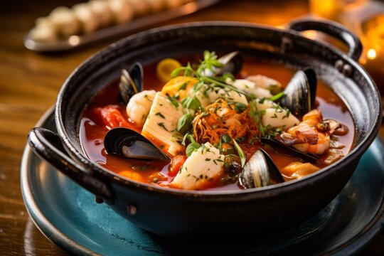 Bouillabaisse filled with fresh seafood, rich broth, and vibrant garnishes