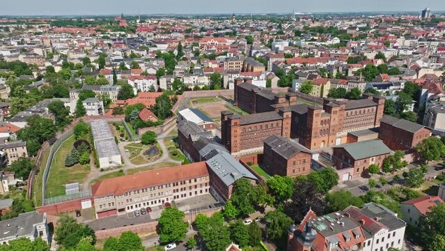 Drone shot of Gedenkst&auml;tte ROTER OCHSE or RED OCHSE Memorial in Halle (Saale) , Germany . Roter Ochse ( The Red Ox , today JVA Halle I ) is a prison in Halle (Saale)