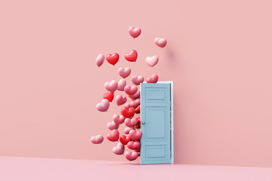 Pink heart balloons coming out of door. Valentine's day love concept