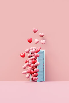 Pink heart balloons coming out of door. Valentine's day love concept