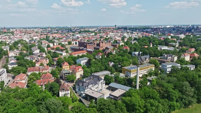Drone shot of Gedenkst&auml;tte ROTER OCHSE or RED OCHSE Memorial in Halle (Saale) , Germany . Roter Ochse ( The Red Ox , today JVA Halle I ) is a prison in Halle (Saale)