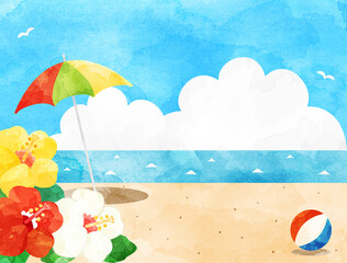 Fototapeta na wymiar ハイビスカスと海や入道雲などの真夏のビーチをイメージしたイラスト　水彩風加工バージョン