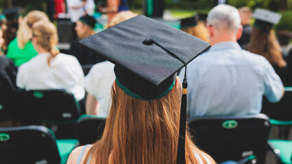 Graduation ceremony in university, female students wearing black mantles and academic mortarboard cap, group class of high school graduates receive diploma and getting college degree