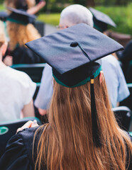 Graduation ceremony in university, female students wearing black mantles and academic mortarboard...