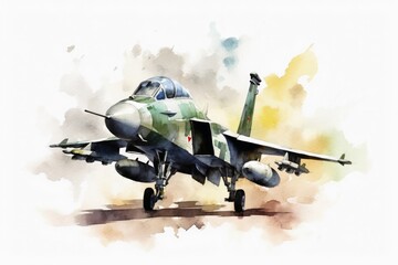 Watercolor military jet on white background created with generative AI technology. - obrazy, fototapety, plakaty