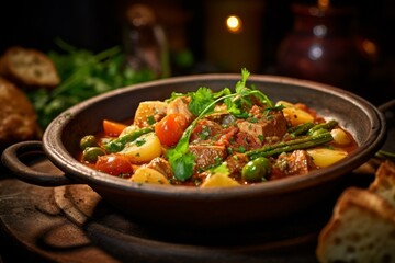 Navarin d'Agneau in a rustic setting, showcasing plated dish with contrasting textures