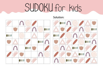 Sudoku educational game or leisure activity worksheet vector illustration, printable grid to fill in missing images, pastel colored abstract shapes, puzzle with its solution, teacher resources