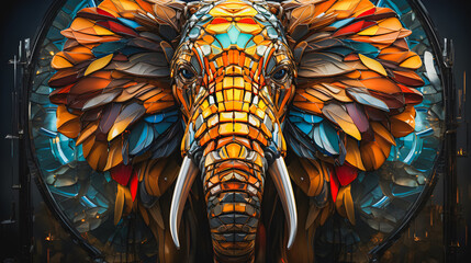 Mammoth face made of pieces of multi-colored glass, portrait of a mammoth head, white tusks, Artistic carving of a mammoth head. Generative AI - obrazy, fototapety, plakaty