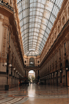 Morning view of glass-roofed Galleria Vittorio Emanuele, Milan, Italy
