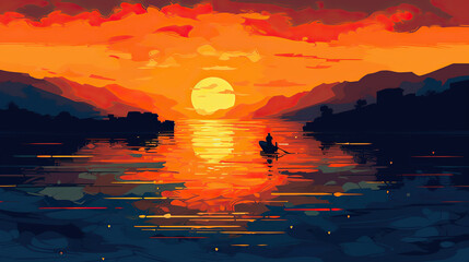 Fototapeta na wymiar Silhouette of a Canoe at Golden Hour, River Serenity: