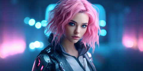 Naklejka premium cool young girl with pink hair on a futuristic train station, fictional person created with generative ai