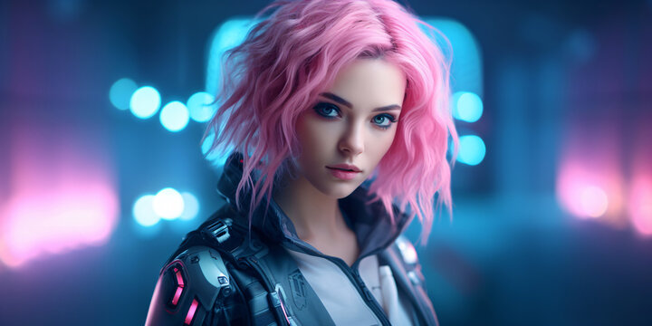cool young girl with pink hair on a futuristic train station, fictional person created with generative ai