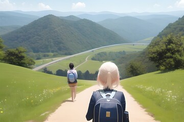 Anime style, cartoon illustration of unknown female tourists walking down the path among scenic natural views