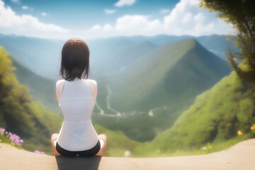 Anime style, cartoon illustration of unknown female tourist enjoying the scenic view of nature. Copy space