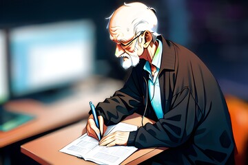 Illustration of old balding man in coat sitting in office among monitors and taking notes. IT concept background