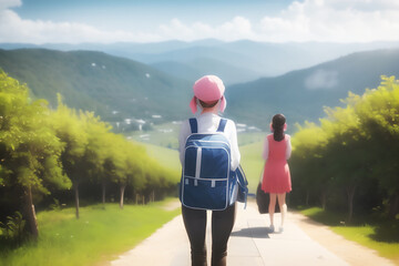 Anime style, cartoon illustration of unknown female tourists walking down the path among scenic natural views