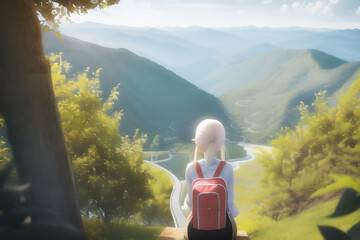 Anime style, cartoon illustration of unknown female tourist enjoying the scenic view of nature