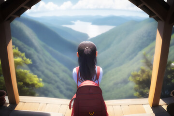 Anime style, cartoon illustration of unknown female tourist enjoying the scenic view of nature