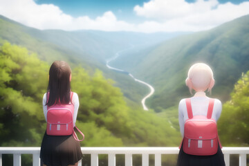 Anime style, cartoon illustration of unknown female tourists enjoying the scenic view of nature. Copy space