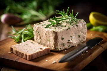 Pâté de Campagne garnished with fresh herbs, served on a rustic wooden board