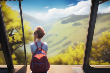 Anime style, cartoon illustration of unknown female tourist enjoying the scenic view of nature. Copy space