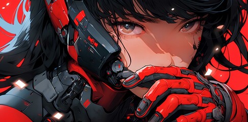 an anime girl dressed with red and gray armour and gloves, in the style of sci-fi realism. japanese animation style art illustration. generative AI  