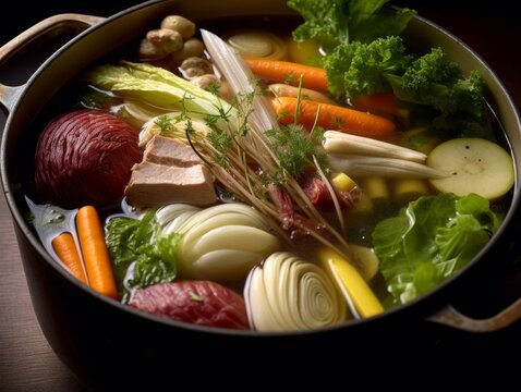 Pot-au-Feu with various meats, vegetables, and herbs in a large pot