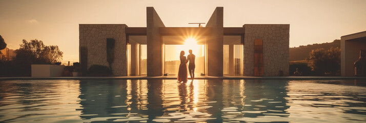 couple enjoying a romantic sunset by a modern swimming pool created with Generative AI technology