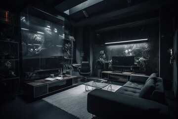 Futuristic, dark living room with sofa and TV. The interior design features modern furniture and a cyberpunk theme. Generative AI