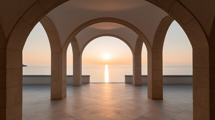 Illustration of the mediterranean sun setting over the ocean through a serene archway, traditional architecture with arch, AI