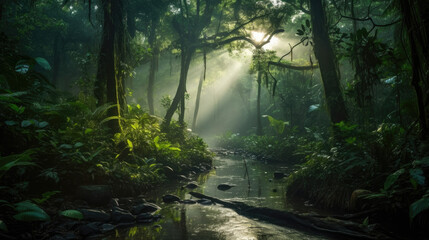 Illustration of a serene stream flowing through a vibrant and verdant forest landscape created with Generative AI technology