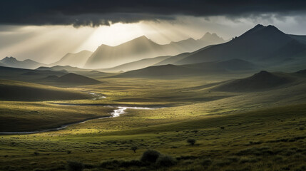 panorama in Ireland, sun shining through the clouds over the green mountains at sunset, AI