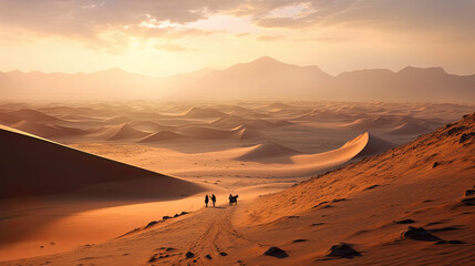 Illustration of a group of people walking through a vast desert landscape in sunset, Sahara desert, orange sand, created with Generative AI technology - obrazy, fototapety, plakaty