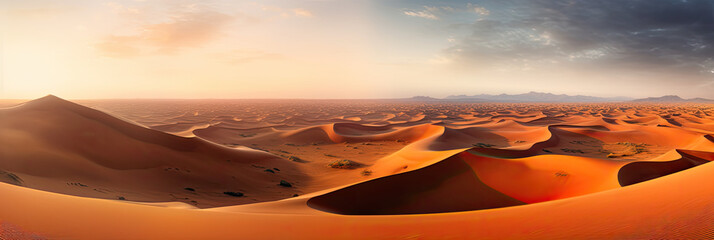 Panoramic view of a desert landscape with sand dunes under a cloudy sky, Morocco dunes at sunrise, AI