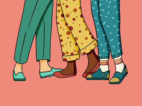 Drawn legs of diverse people on pink background