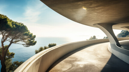 coastal road winding parking with breathtaking views of the ocean, Mediterranean view and sunny color, AI 