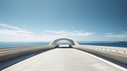Illustration of a picturesque bridge surrounded blue sea, skyline view, AI