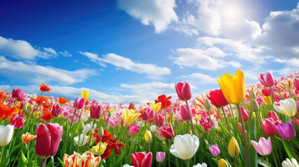 vibrant tulip field under a clear blue sky, colorful flowers wallpaper, for your text, AI