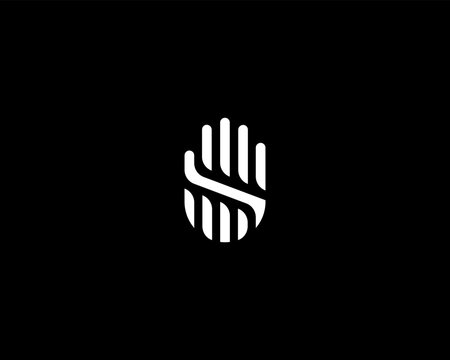 Abstract hand palm logo design template. Minimalistic gesture no stop sign symbol. Black and white symbol. Vector illustration.