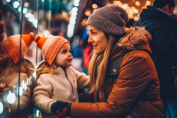 Little toddler girl with mother at Christmas market. Smiling happy child at festive market with parent. Generative AI