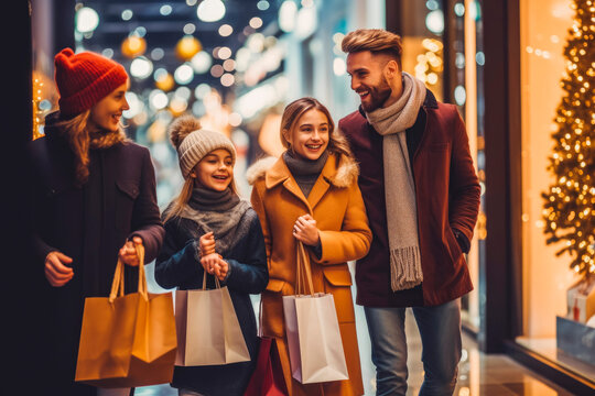 Family shopping for Christmas presents. Happy family with gifts. Christmas spirit and joy. Generative AI