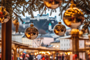 Fototapeta premium Salzburg Christmas market seen through a christmas tree. Christmas market and shopping concept. Generative AI