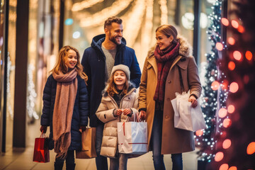 Family shopping for Christmas presents. Happy family with gifts. Christmas spirit and joy. Generative AI