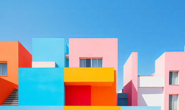 Brightly coloured modern architecture buildings in the style of fauvism