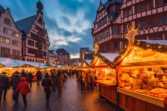 Christmas market in Frankfurt. Christmas market and shopping concept. Fairy lights and snow. Generative AI
