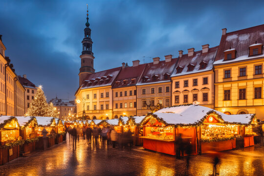 Christmas at old town hall square. Christmas market and shopping concept. Fairy lights and snow. Generative AI