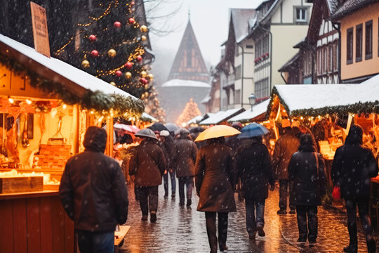 Christmas at old town hall square shopping. Christmas market and shopping concept. Fairy lights and snow. Generative AI