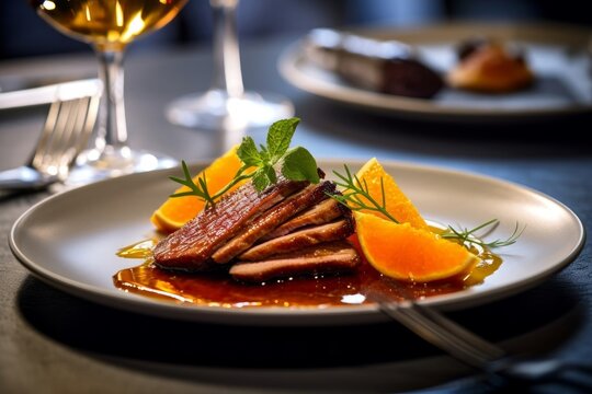 Duck &agrave; l'Orange served on a white plate with orange slices and a garnish